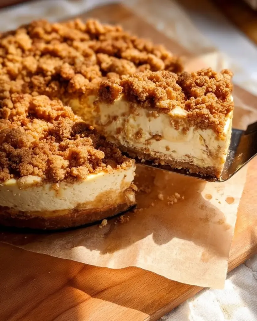 Delicious Vegan Apple Crumble Cheesecake topped with fresh apple slices.