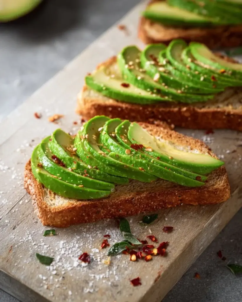 Vegan avocado toast topped with fresh herbs and chili flakes on a plate.