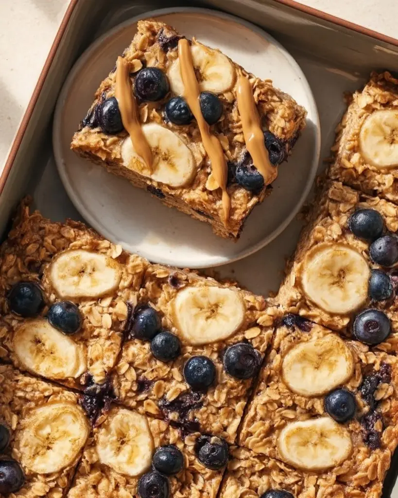 Bowl of vegan baked oatmeal topped with fresh fruits and nuts