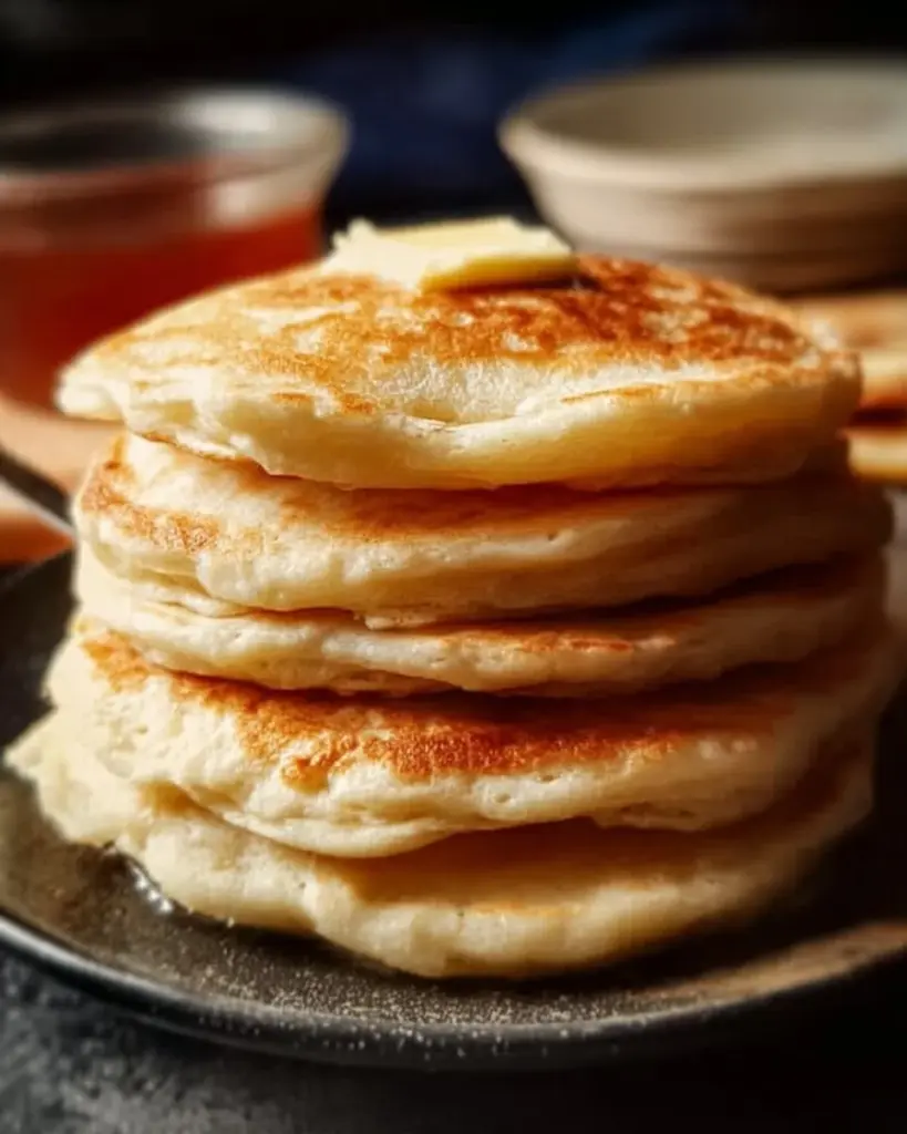 Fluffy vegan buttermilk pancakes topped with maple syrup and berries