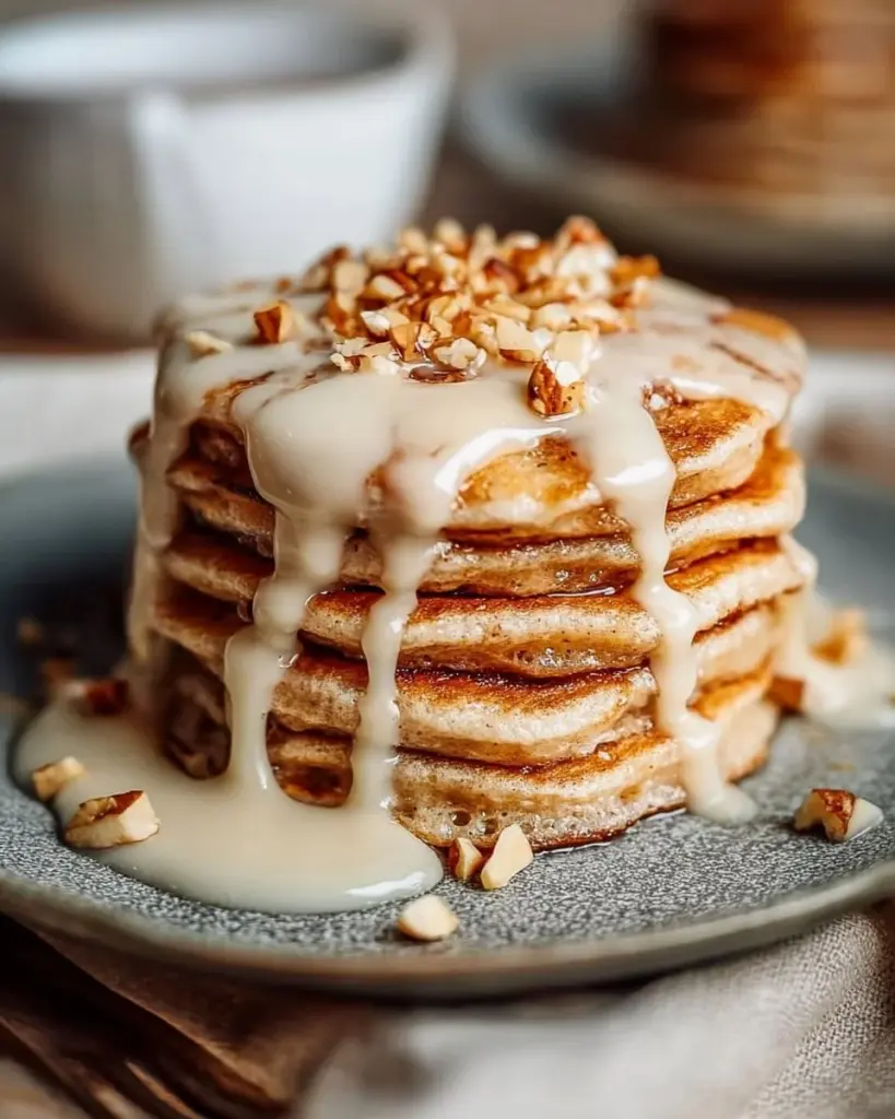 Vegan cinnamon roll pancakes topped with icing and served on a plate.