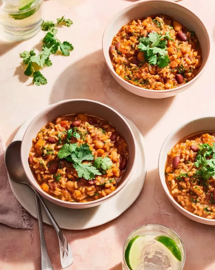 Vegan Instant Pot Mexican rice and beans served in a bowl with fresh herbs.