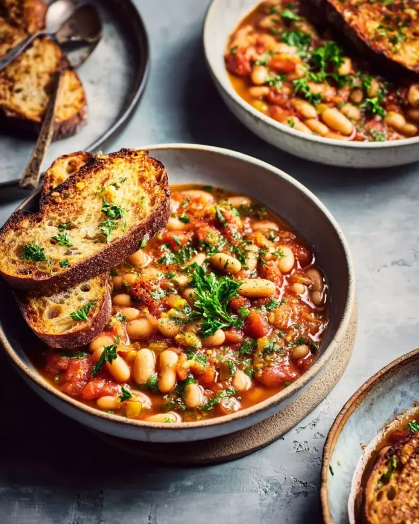 Bowl of vegan Instant Pot white bean stew with fresh herbs