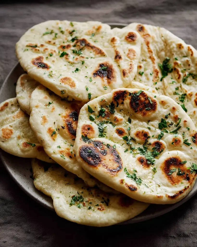 Freshly baked Vegan Naan served with curry and vegetables