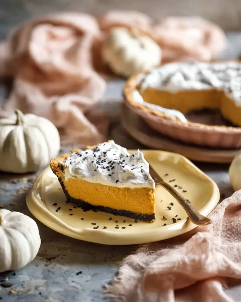 Vegan pumpkin miso tart topped with herbs and spices.