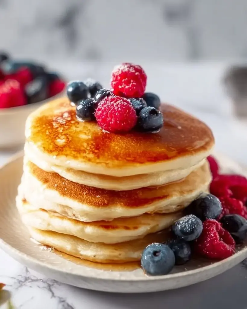 Delicious vegan silken tofu pancakes stacked with fresh berries
