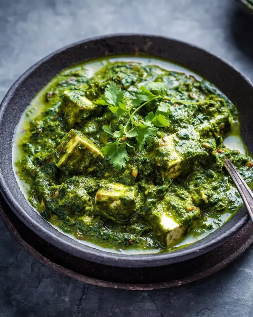 Vegan spinach cheese made with tofu served in a bowl