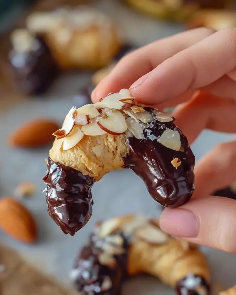 Freshly baked Almond Horns pastries with almond decoration