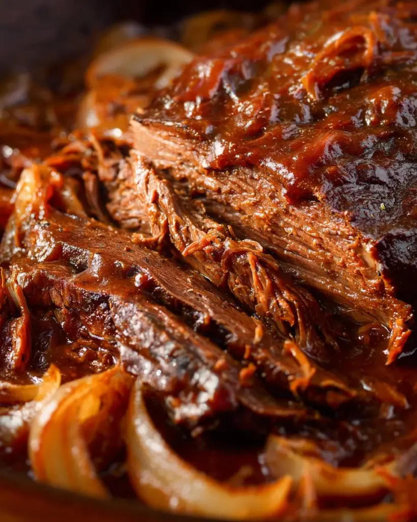Delicious apricot BBQ brisket served on a wooden platter with herbs.