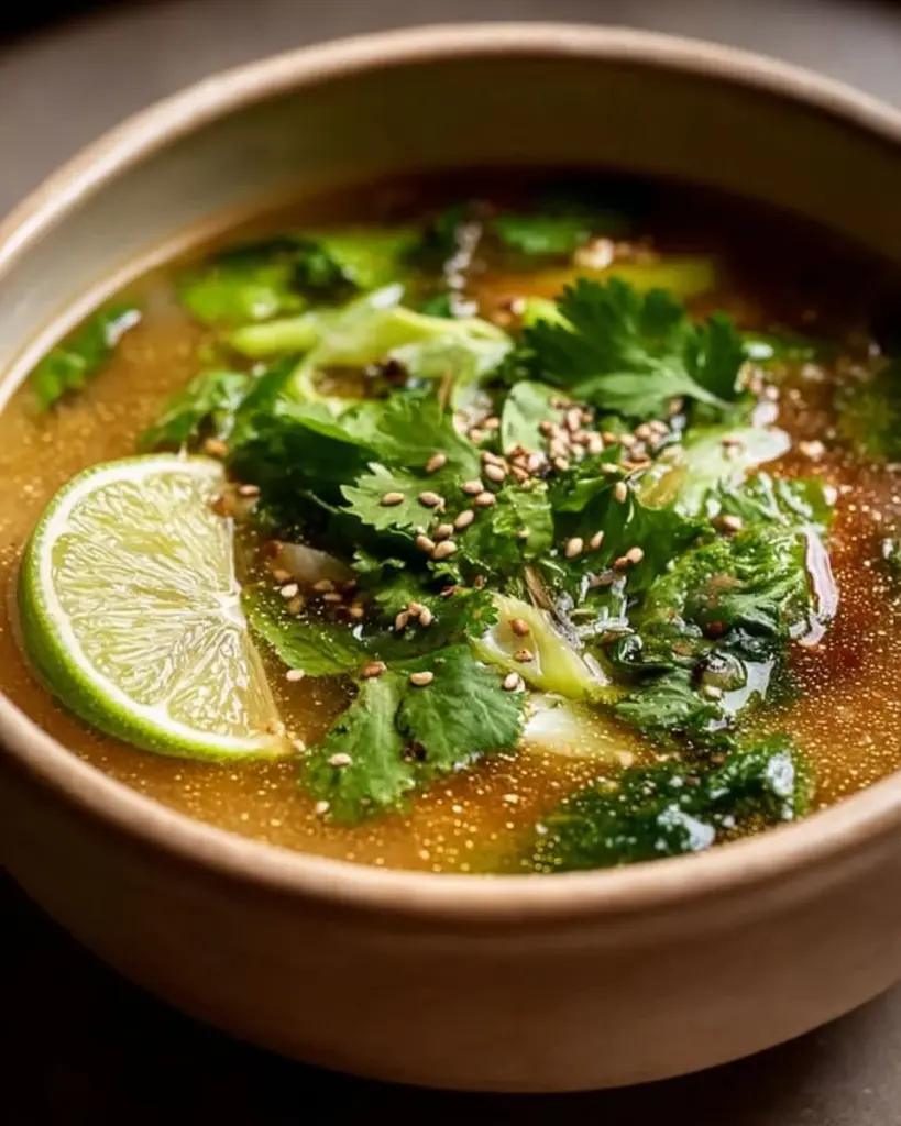 Asian-inspired chicken soup with herbs and vegetables in a bowl.