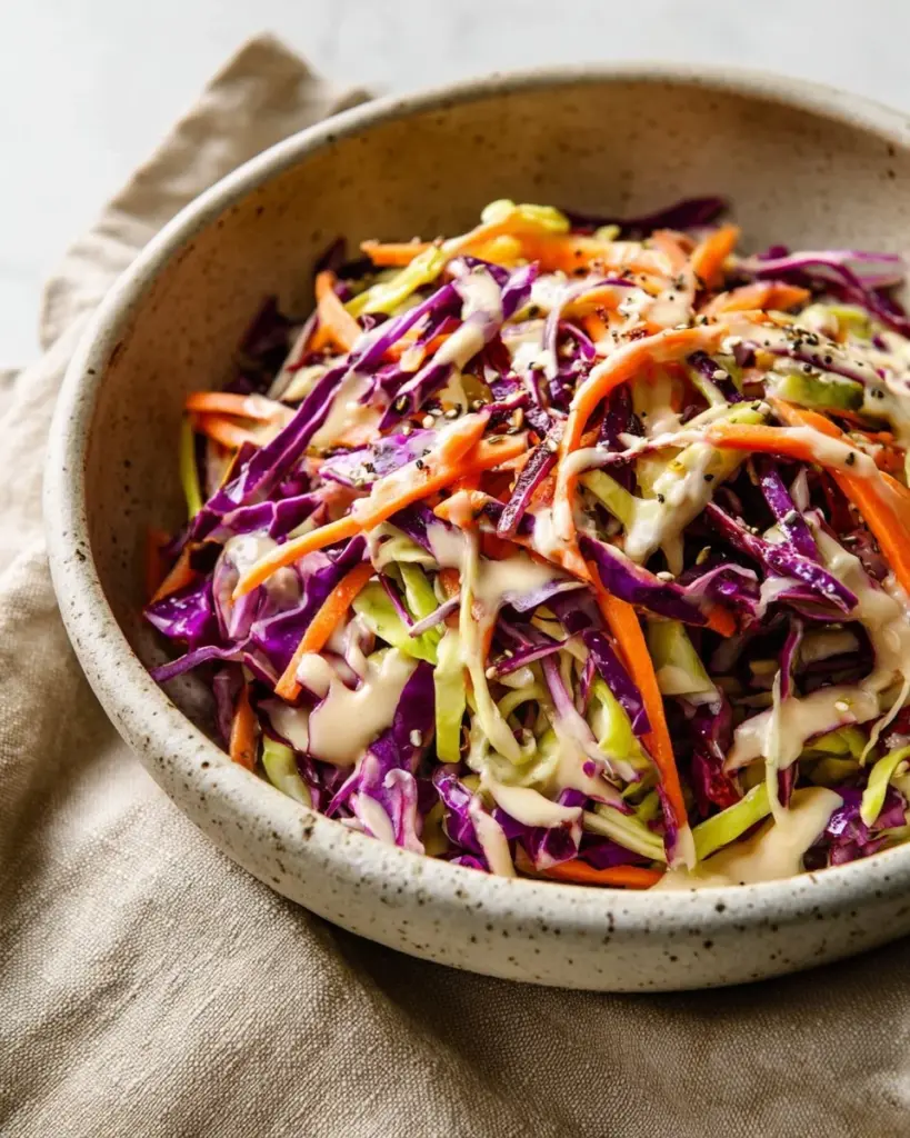 Colorful Asian Slaw Salad topped with miso ginger dressing