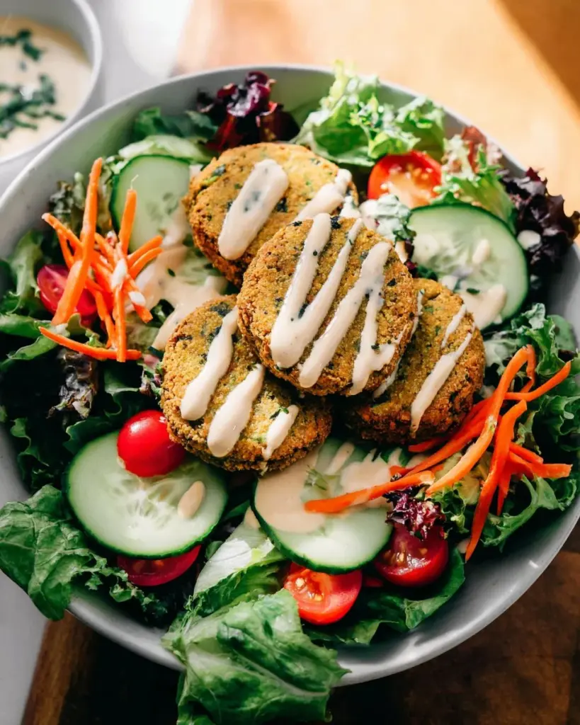 Baked falafel salad served with two creamy dressings in a bowl