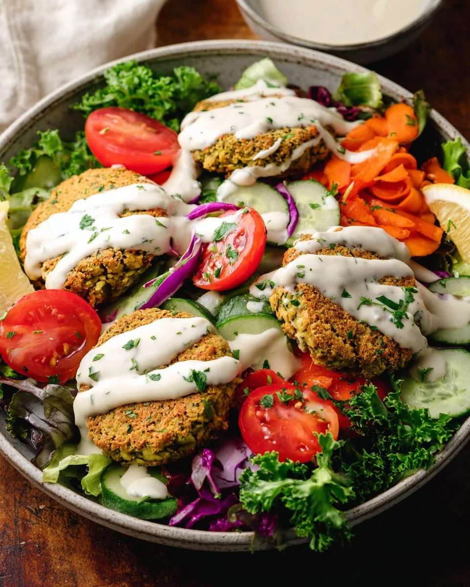 Baked Falafel Salad with Two Creamy Dressings