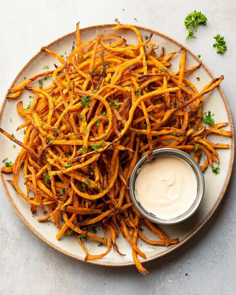 Crispy baked sweet potato shoestring fries served on a plate
