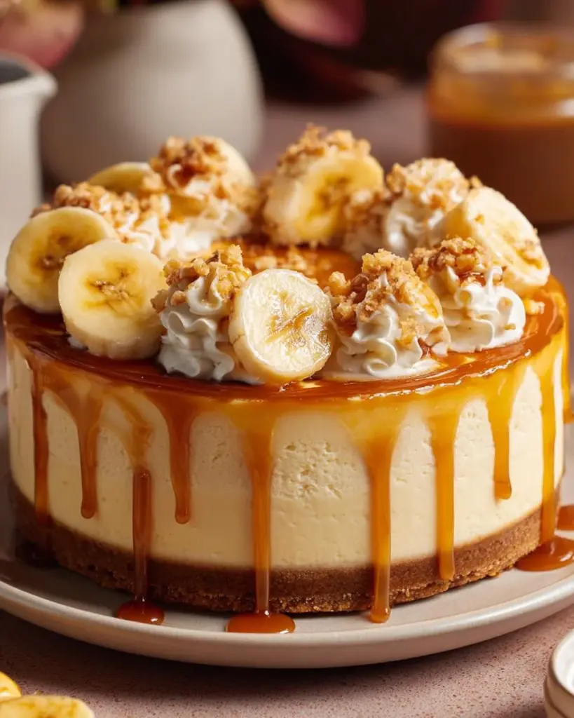 Delicious banana pudding cheesecake with whipped cream and bananas