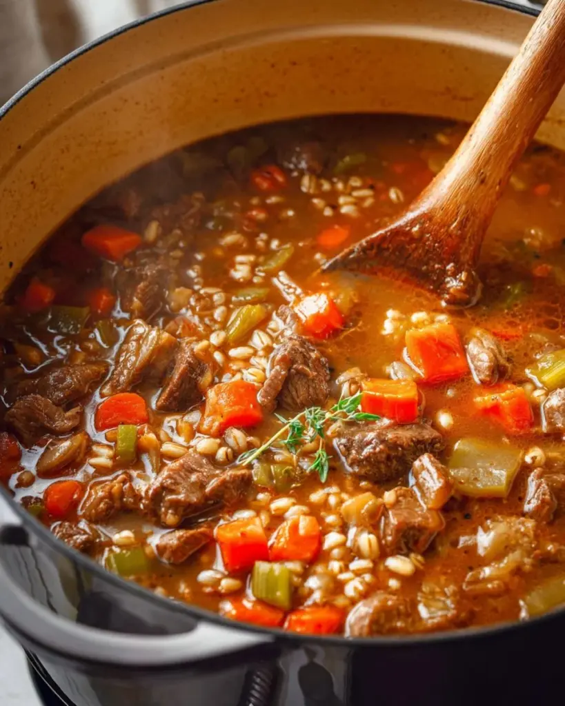 A bowl of delicious beef barley soup with vegetables and herbs