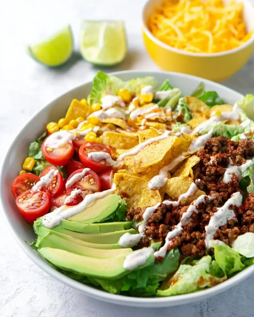 Delicious beef taco salad with chipotle ranch dressing on a plate