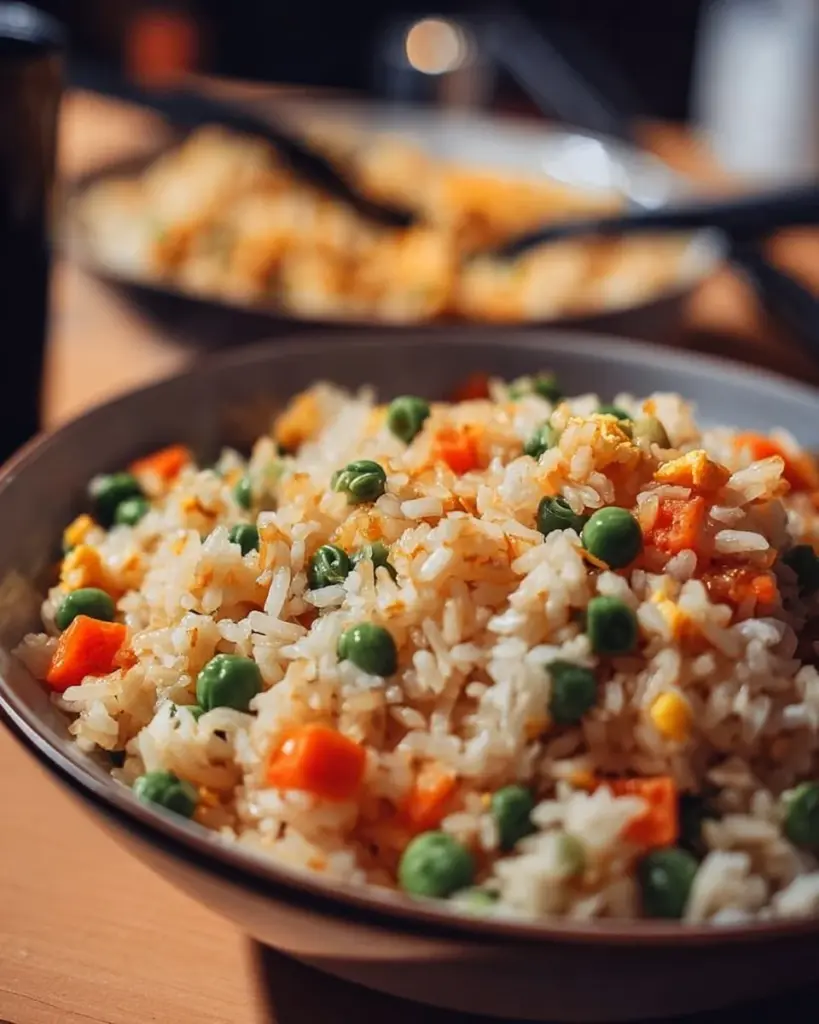 Plate of homemade better than takeout fried rice with vegetables and eggs