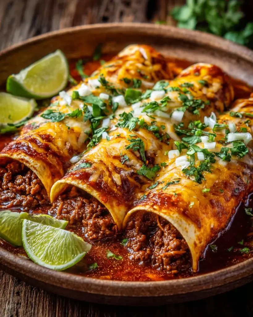 Delicious plate of Birria Enchiladas topped with fresh cilantro and onions