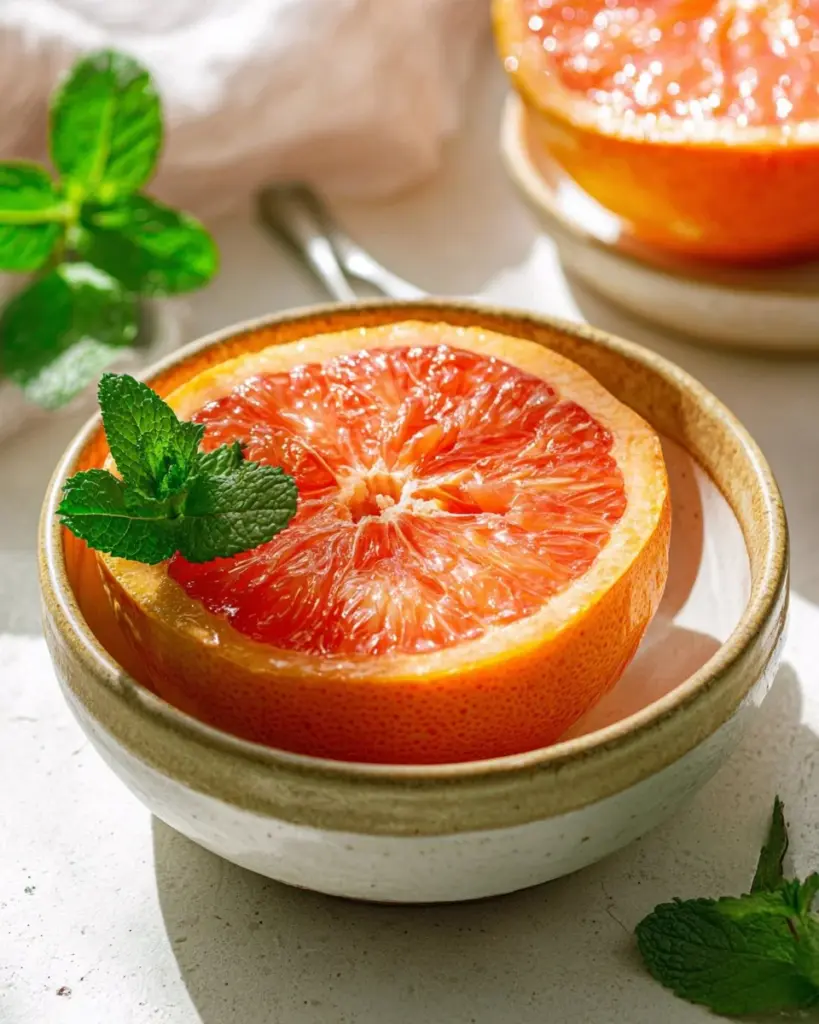 A delicious plate of broiled grapefruit, garnished and ready to be served.