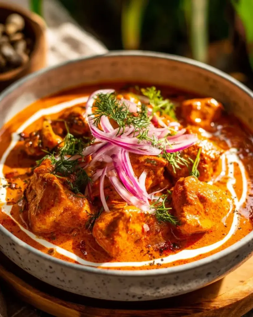 Delicious Butter Chicken served with rice and naan bread