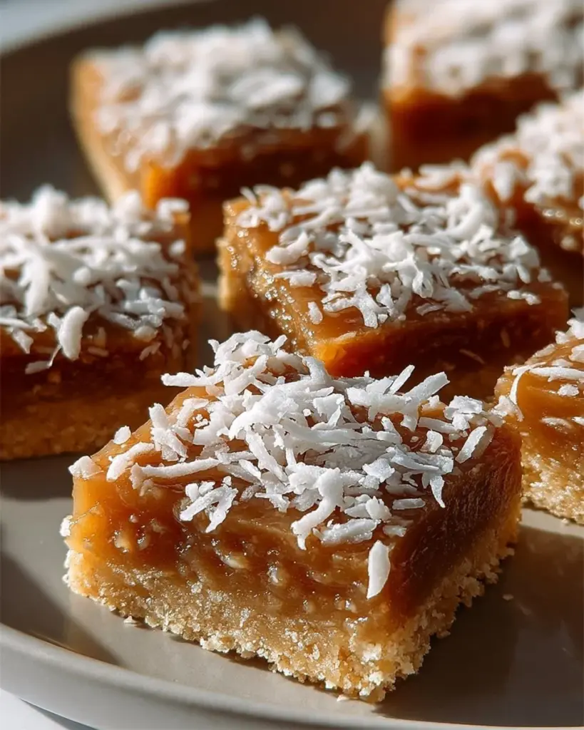 Delicious Caramel Coconut Bars topped with caramel and coconut flakes