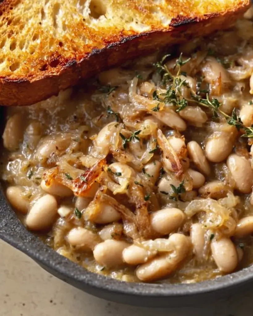 Plate of caramelized onion cannellini beans garnished with herbs.