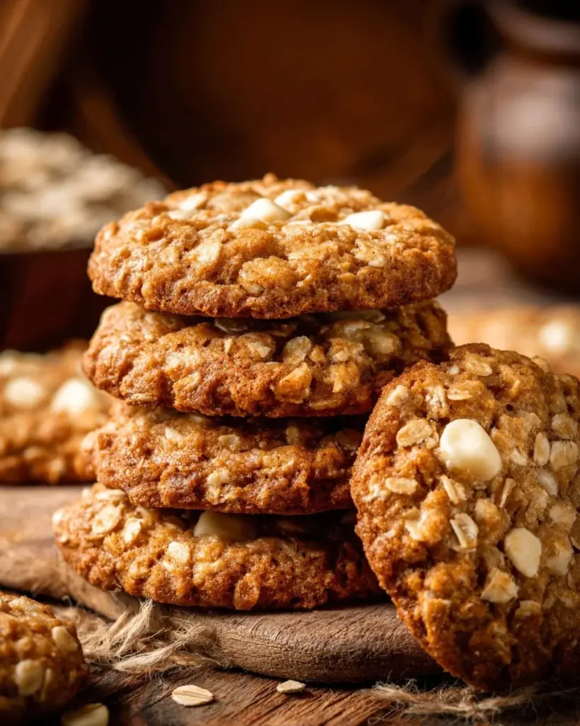 Chewy coconut oatmeal dishpan cookies on a rustic wooden table
