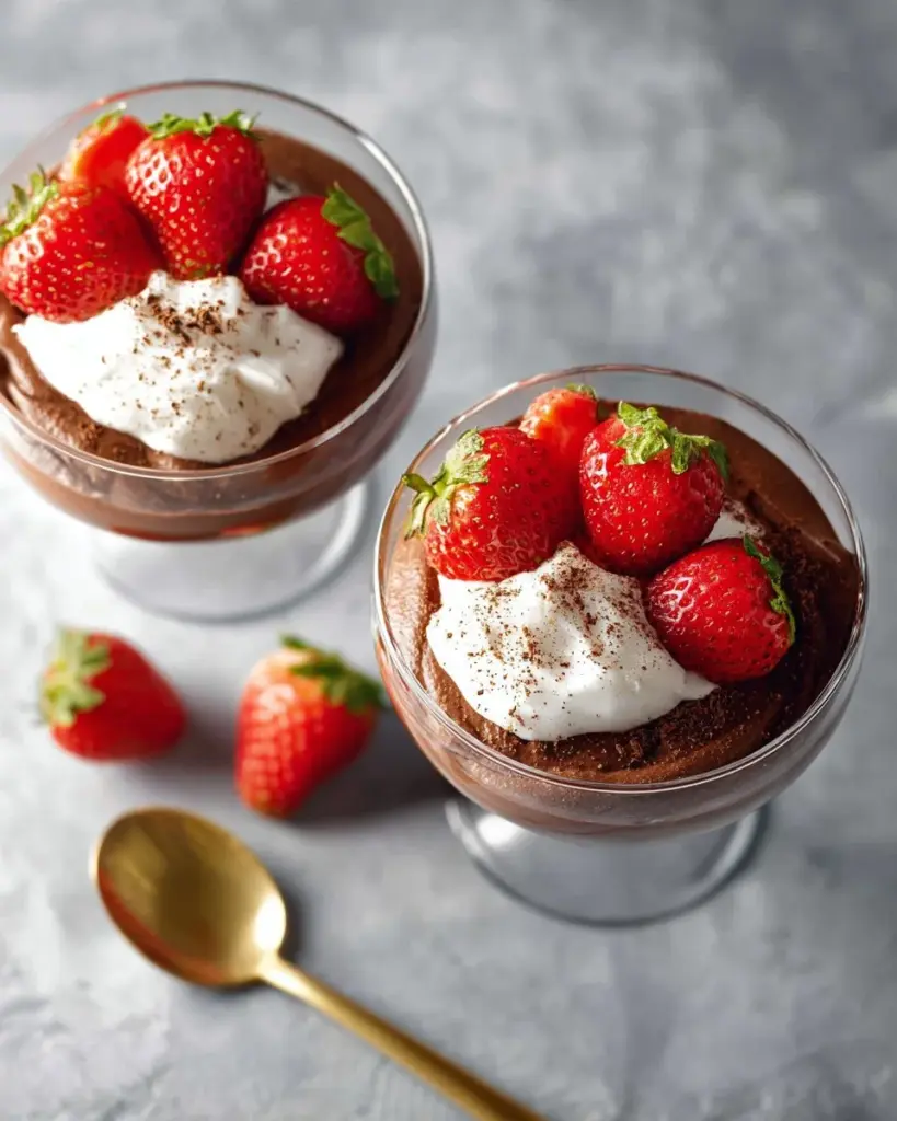 Delicious Chocolate Chia Mousse topped with berries in a glass bowl