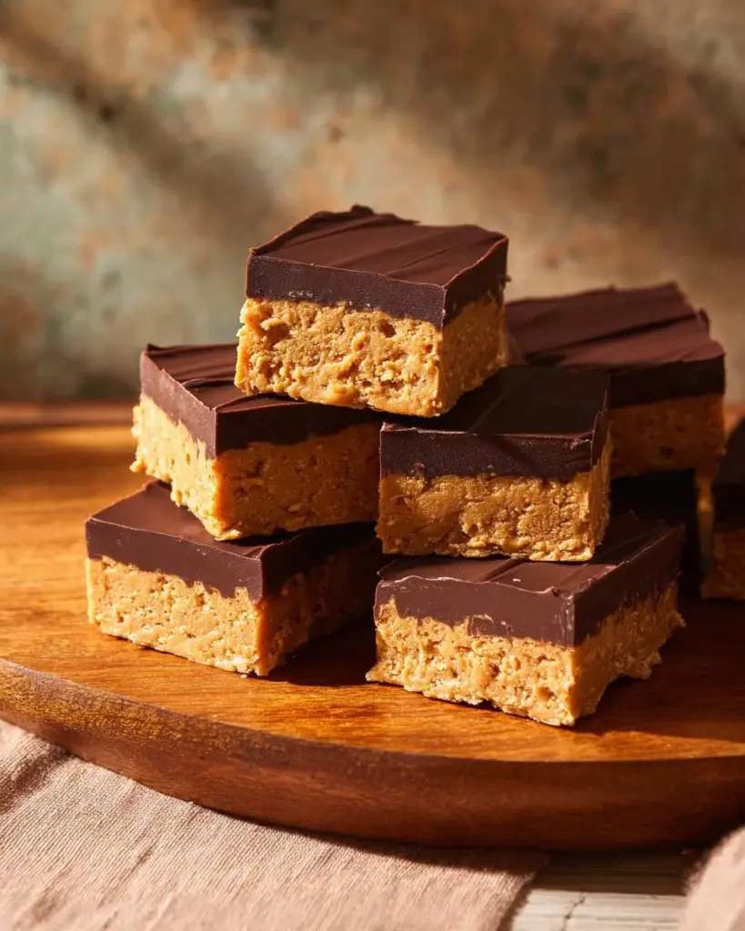 Delicious homemade Chocolate Peanut Butter Bars stacked on a plate
