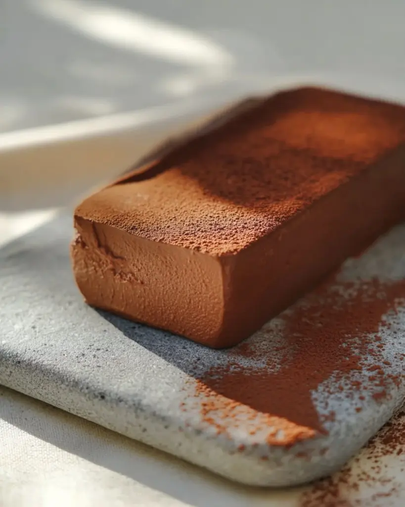 A slice of rich chocolate pudding loaf cake topped with chocolate glaze