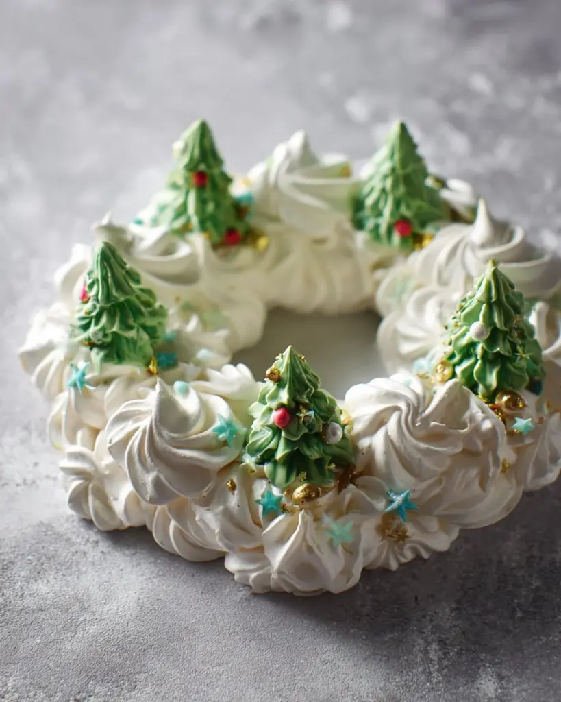 Festive Christmas Pavlova Wreath decorated with seasonal fruits and whipped cream.