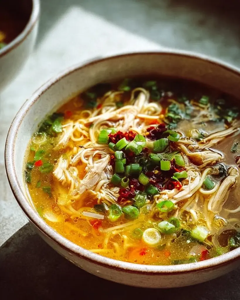 Bowl of Classic Ginger Garlic Chicken Noodle Soup with fresh herbs