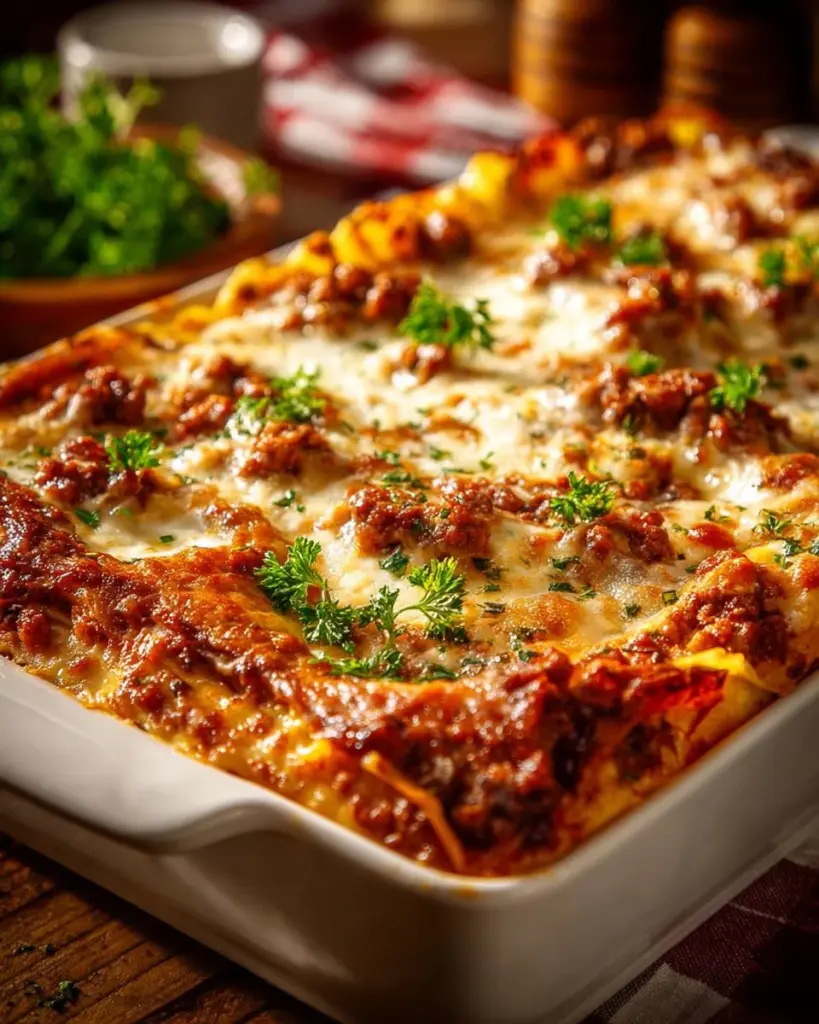 Classic layered lasagna with rich sauce, cheese, and pasta layers baked to perfection