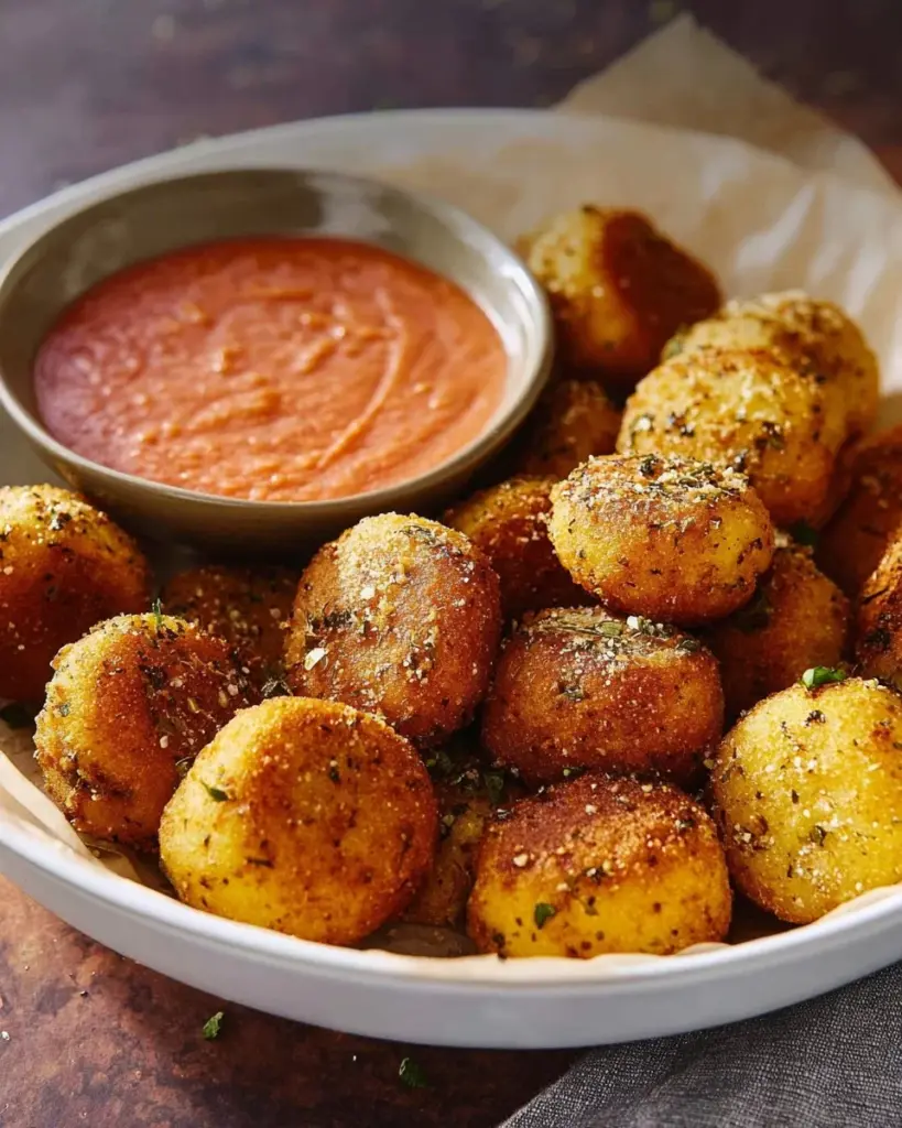 Crispy air fryer potato balls served in a bowl with dipping sauce