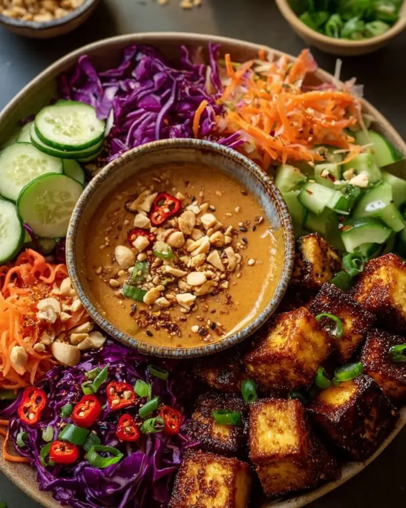 Crispy miso tofu bowls garnished with fresh vegetables and herbs