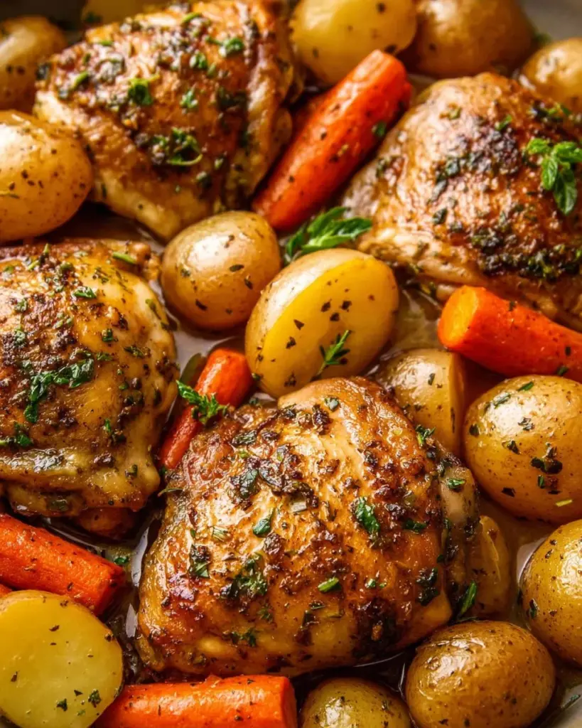 Crockpot Chicken and Potatoes dish garnished with herbs in a slow cooker.