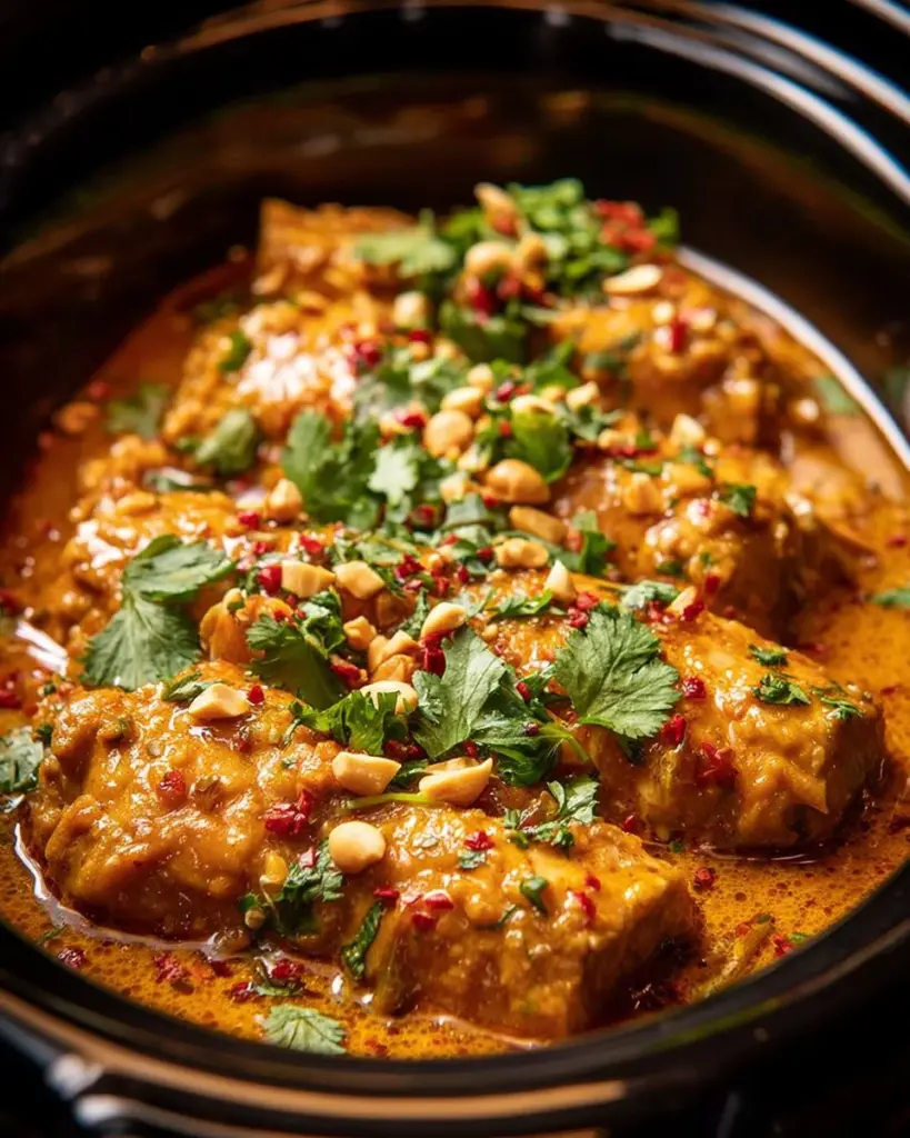 Crockpot Thai Peanut Chicken served in a bowl with garnishes and chopsticks.