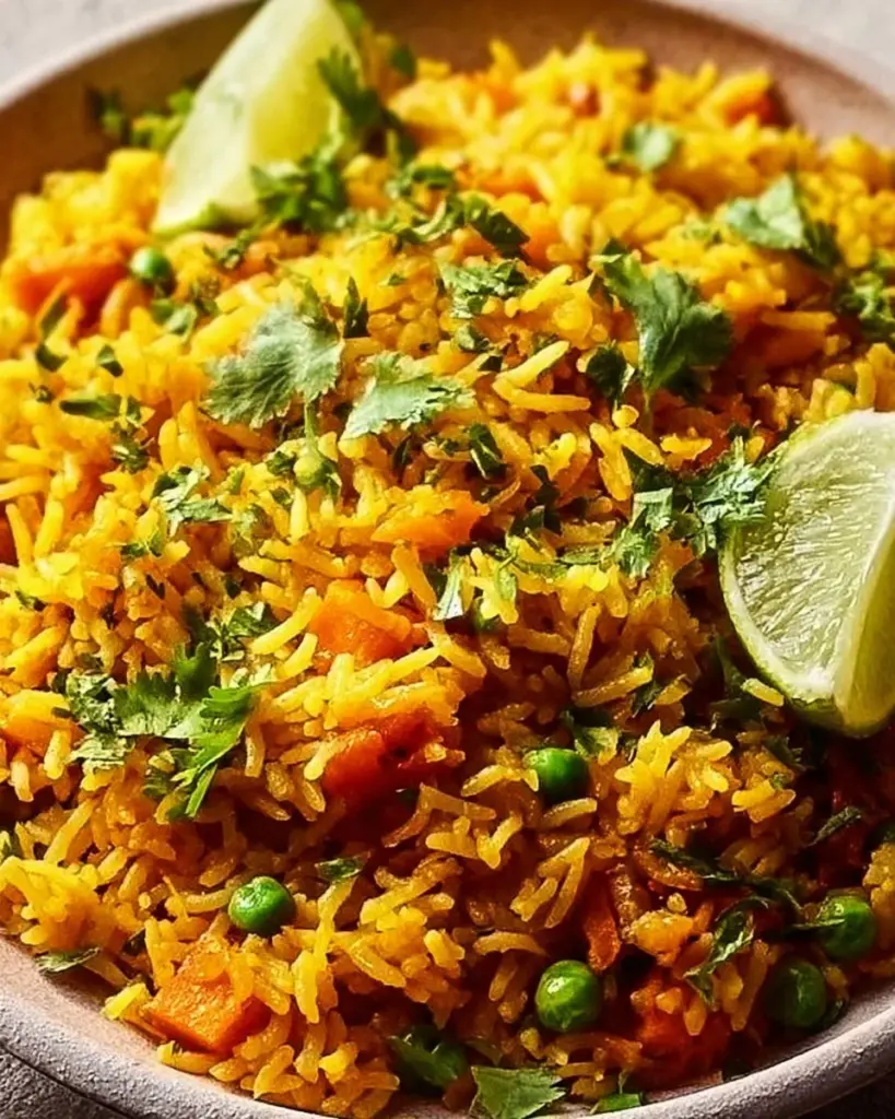Plate of curried basmati rice garnished with herbs and spices