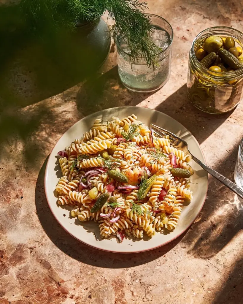 A bowl of Dill Pickle Pasta Salad garnished with fresh dill and pickles.