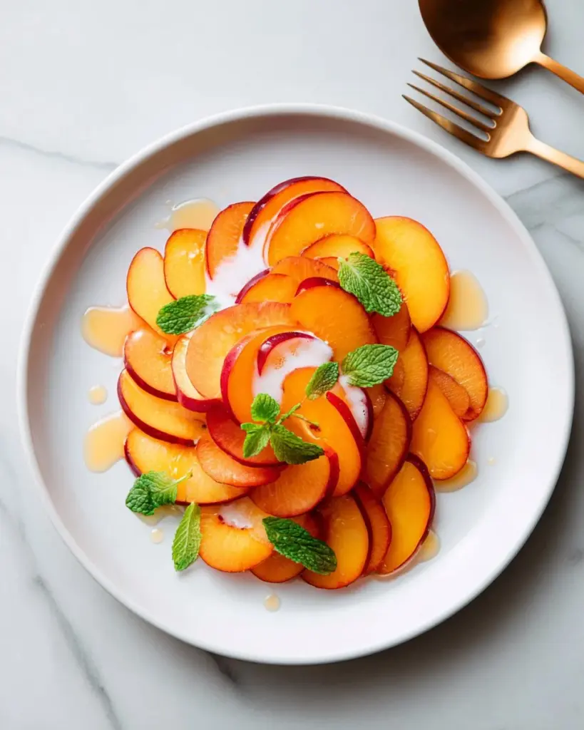 Fruit Carpaccio with plums and lemon ginger cream served on a plate.