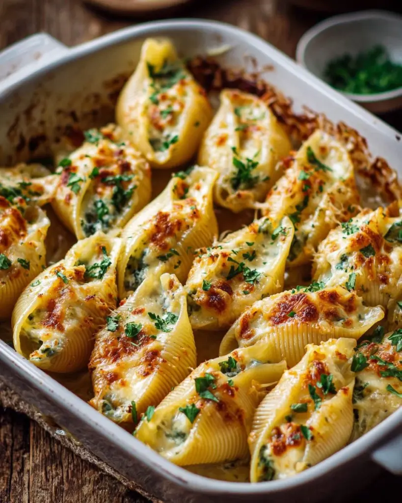 Delicious garlic butter stuffed shells filled with cheese and herbs
