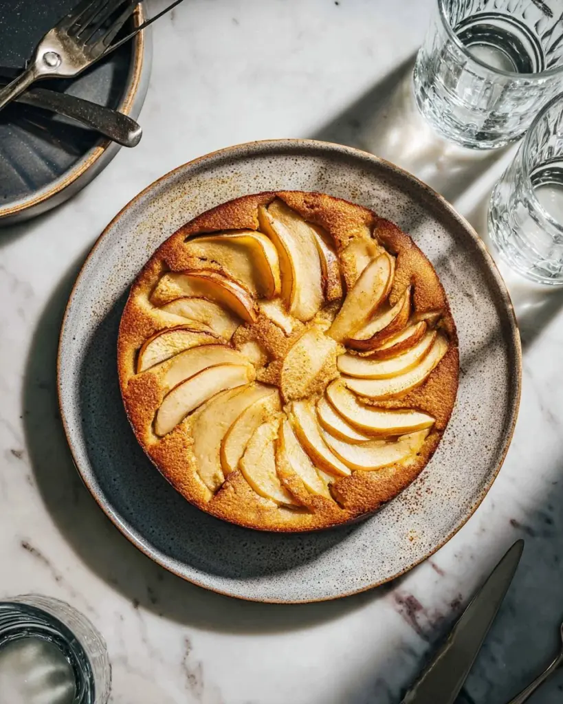 Delicious German apple pancake topped with fresh apples and powdered sugar
