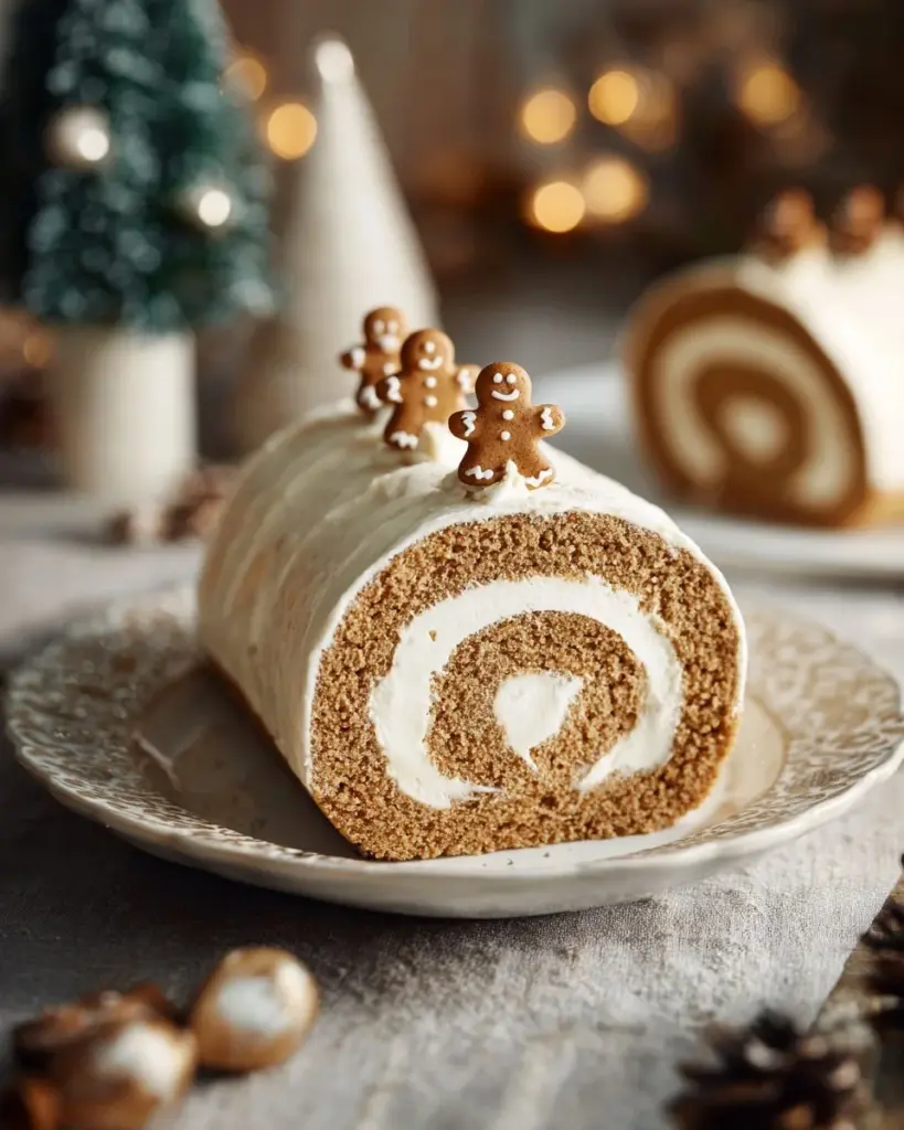 Delicious gingerbread roll cake topped with cream and decorated for the holidays