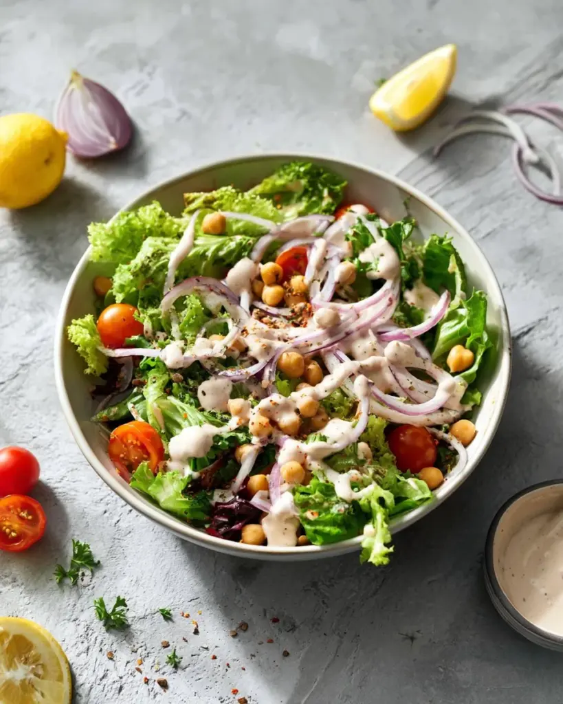 Green salad topped with fresh vegetables and a lemon tahini dressing