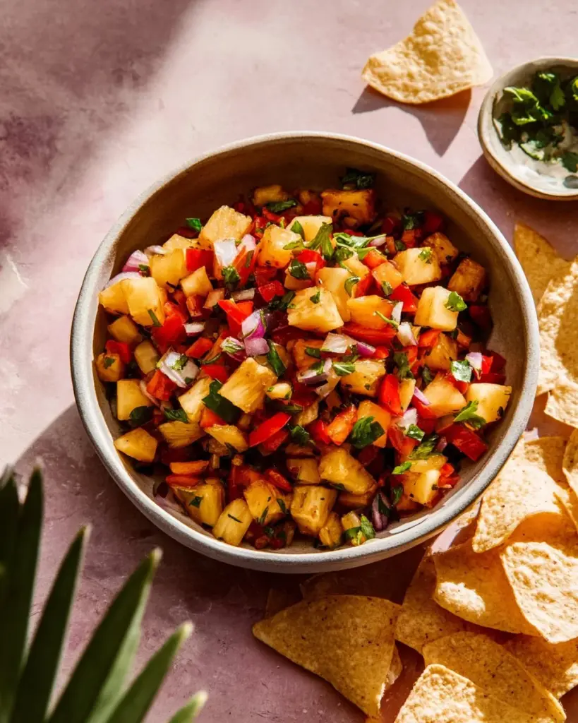 A bowl of fresh grilled pineapple salsa with diced ingredients and herbs