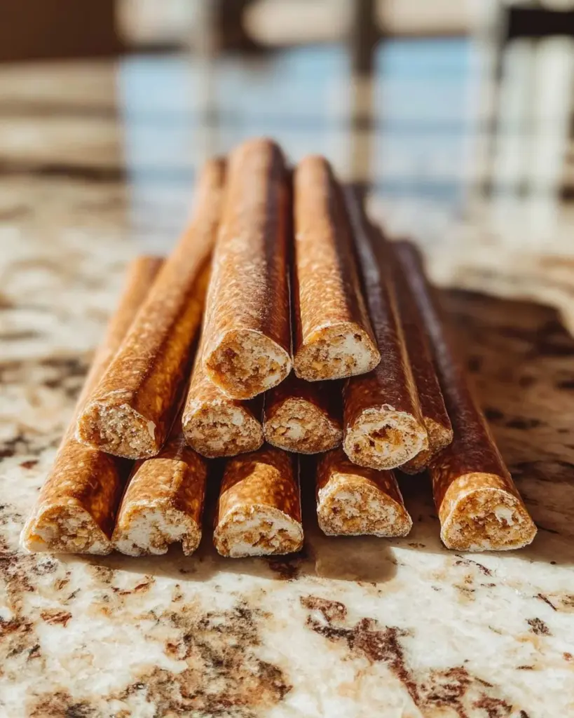 Homemade pumpkin and oatmeal dog snack sticks for healthy dog treats.