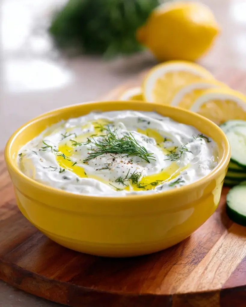 A bowl of homemade tzatziki sauce made with yogurt, cucumber, and garlic.