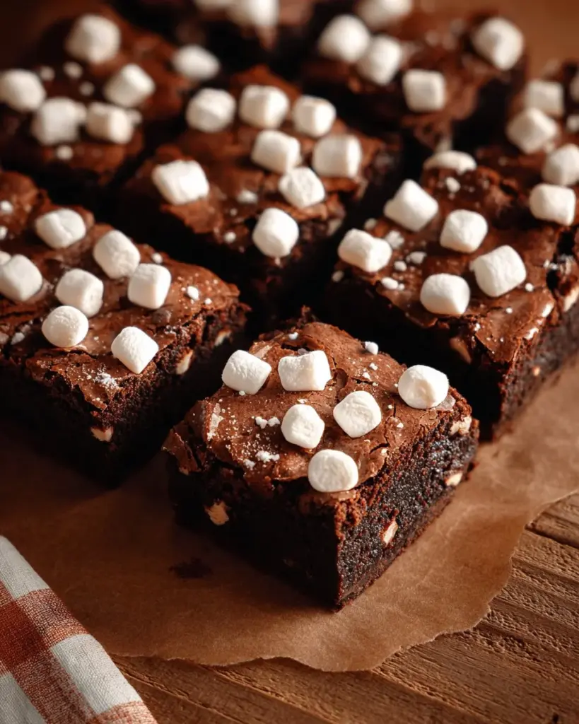 Decadent hot chocolate brownies topped with chocolate chips and whipped cream