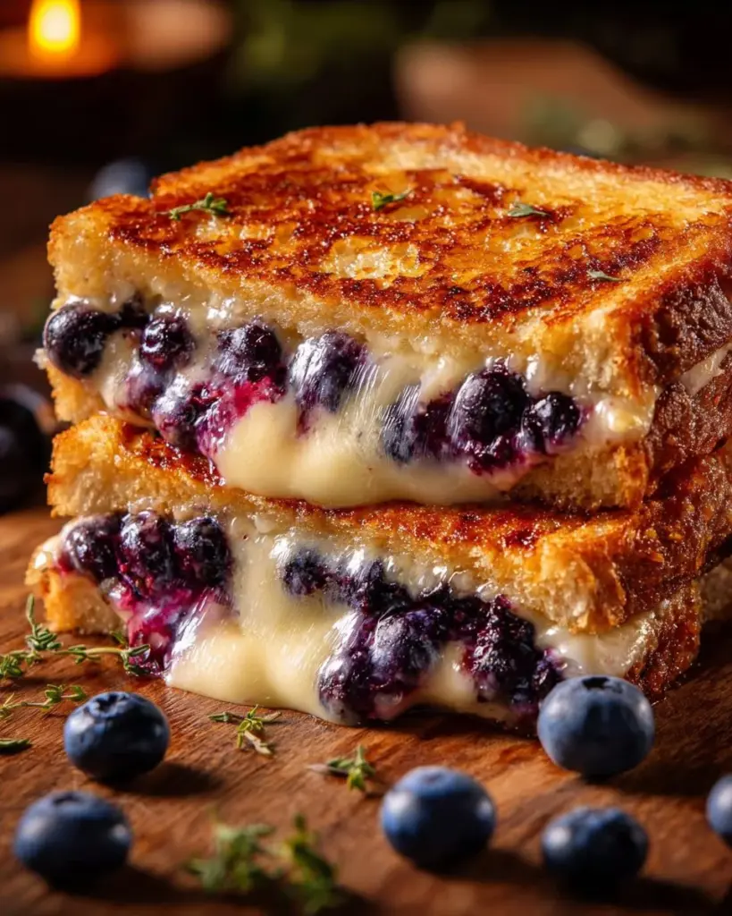 Delicious blueberry grilled cheese sandwich with fresh blueberries and melted cheese